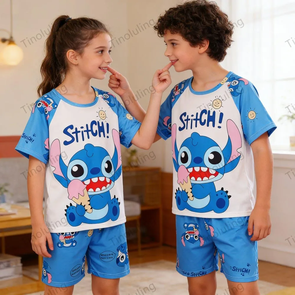 Summer Children Pajamas Sets Boys 3 4 5 6 7 8 9 10 11 12 Years Stitch Loungewear Girl Pijama Rabbit LinaBell Pink Blue Short Set