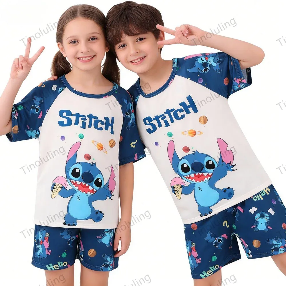 Summer Children Pajamas Sets Boys 3 4 5 6 7 8 9 10 11 12 Years Stitch Loungewear Girl Pijama Rabbit LinaBell Pink Blue Short Set - Image 5