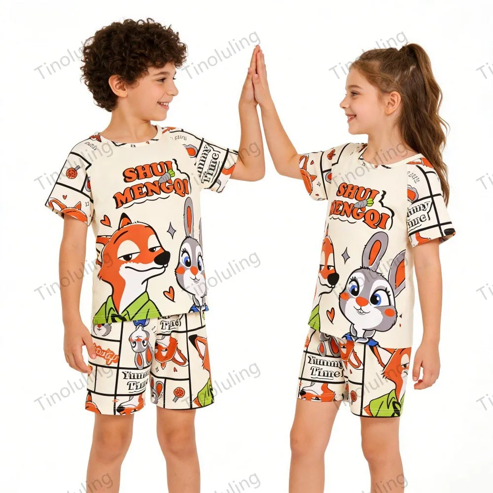 Summer Children Pajamas Sets Boys 3 4 5 6 7 8 9 10 11 12 Years Stitch Loungewear Girl Pijama Rabbit LinaBell Pink Blue Short Set - Image 4