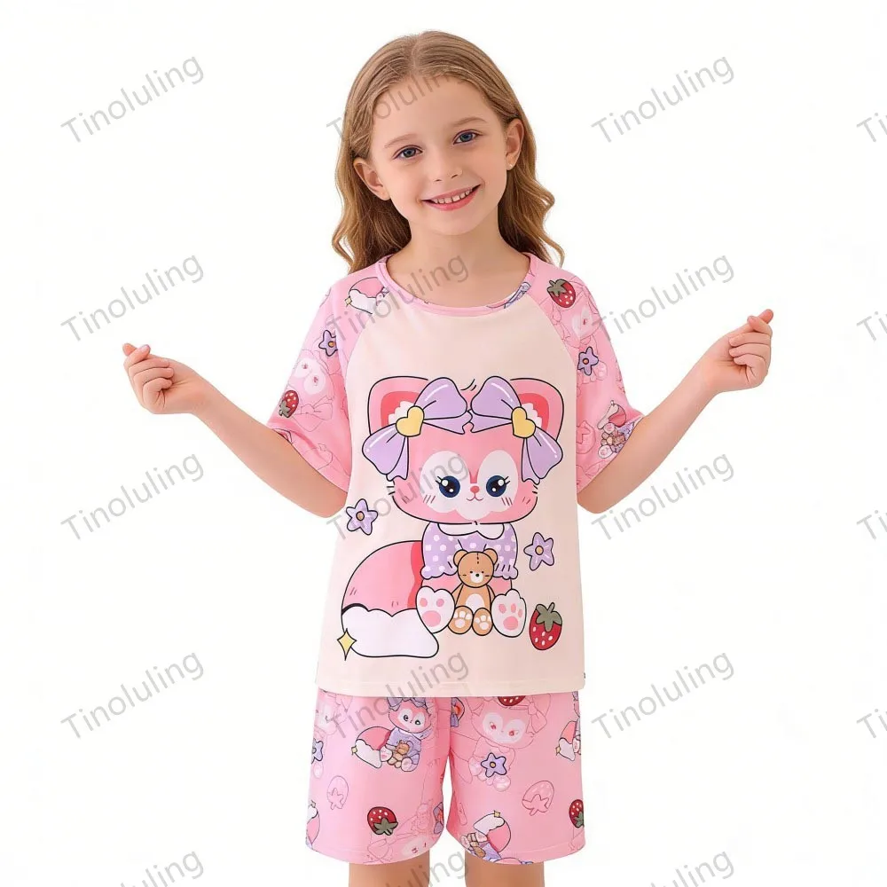 Summer Children Pajamas Sets Boys 3 4 5 6 7 8 9 10 11 12 Years Stitch Loungewear Girl Pijama Rabbit LinaBell Pink Blue Short Set - Image 6