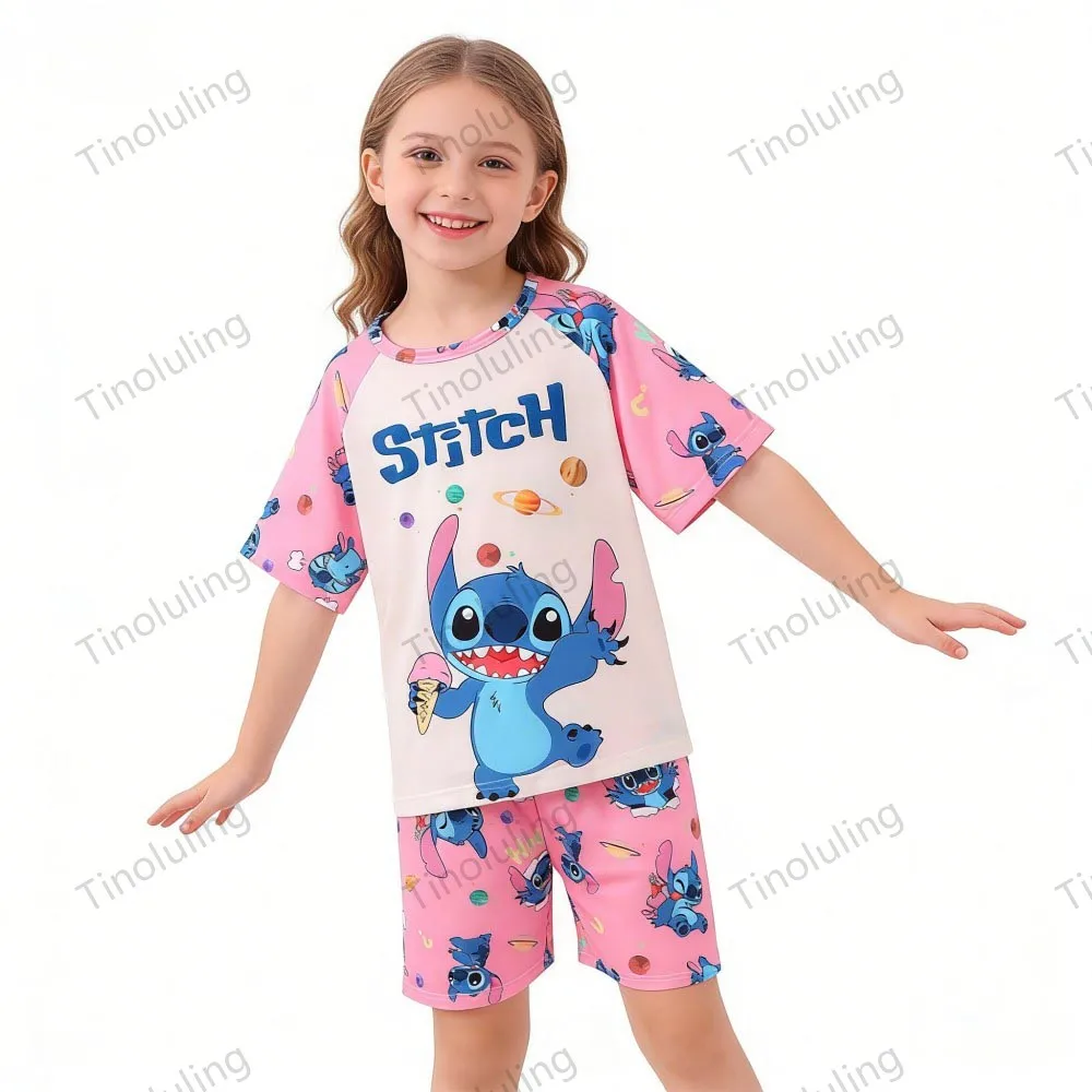 Summer Children Pajamas Sets Boys 3 4 5 6 7 8 9 10 11 12 Years Stitch Loungewear Girl Pijama Rabbit LinaBell Pink Blue Short Set - Image 2