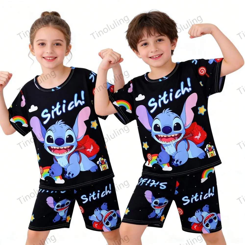 Summer Children Pajamas Sets Boys 3 4 5 6 7 8 9 10 11 12 Years Stitch Loungewear Girl Pijama Rabbit LinaBell Pink Blue Short Set - Image 3
